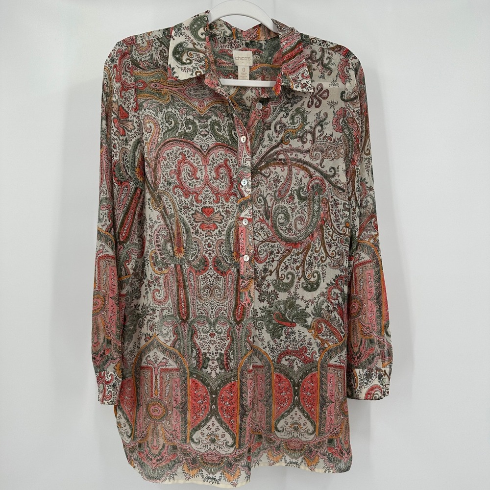 Chicos Womens Boho Paisley Tunic Top Size 0 US‎ S Cottagecore Artsy Lightweight